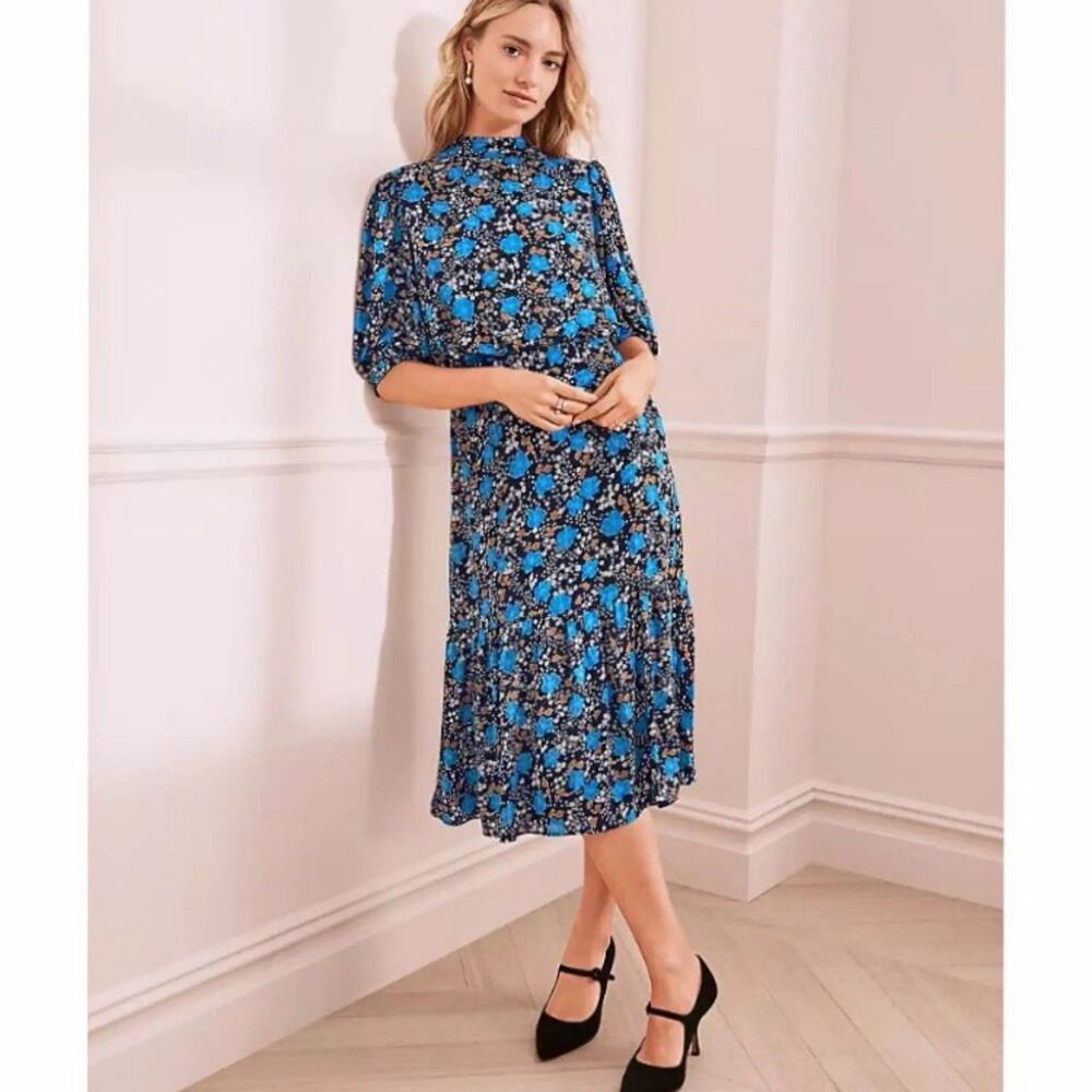 Ann Taylor Night Sky Floral Blouson Dress Black Blue Tan Women’s Midi Women’s 18